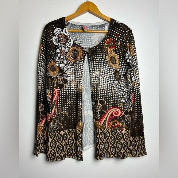 Prima Bella VTG Y2K SZ M Artsy Long Sleeve sequins Fall Paisley Cardigan Sweater - Picture 3 of 14